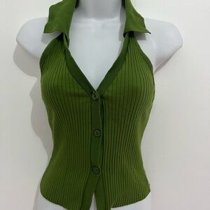 Green Ribbed Halter Button up collared Top